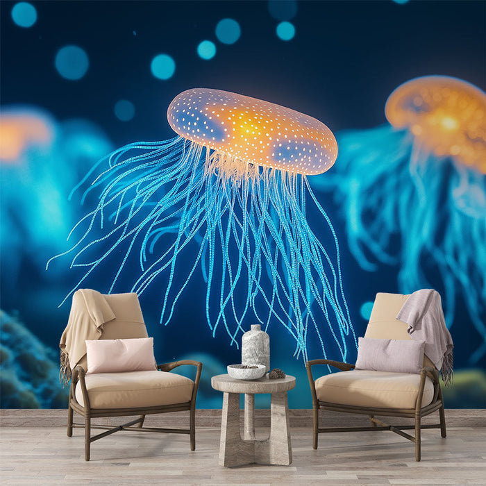 Ταπετσαρία τοιχογραφίας μεδουσών | Εικονογραφήσεις φωτεινών μεδουσών σε μπλε ωκεανό