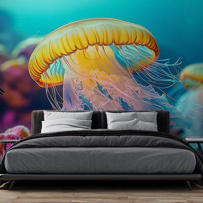 Ταπετσαρία μεδουσών | Πολύχρωμες μέδουσες σε έναν ζωηρό ωκεανό