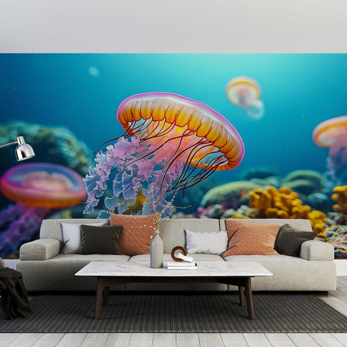 Tapete Qualle | Bunte Quallen entwickeln sich in einer lebendigen Unterwasserumgebung