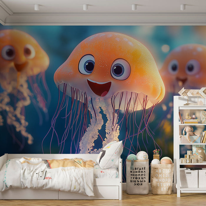 Mural Wallpaper jellyfish | Joyful and colorful jellyfish in a marine background