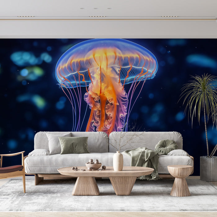 Tapetti meduusa | Hehkuva meduusa vaaleanpunaisilla ja oransseilla sävyillä