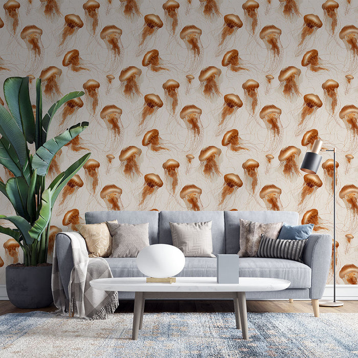 Tapeta medúzy | Elegantní motiv medúz v zlatých odstínech na světlém pozadí