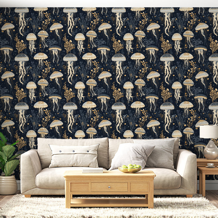 Tapetti meduusa | Meriaiheinen kuva, jossa on virkistäviä meduusoja ja levää