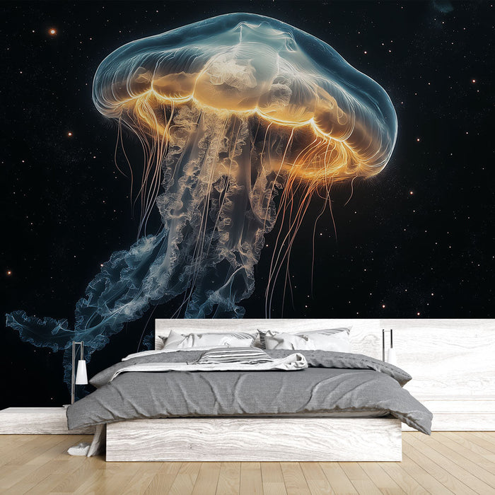 Mural Wallpaper jellyfish | Luminous jellyfish in the darkness of the ocean