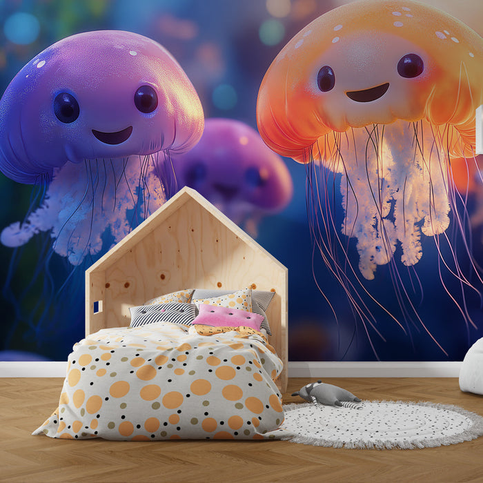 Mural Wallpaper colorful jellyfish | Charming smiling jellyfish in bright shades