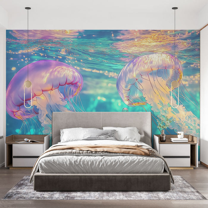 Tapeta jellyfish | Vodní design s barevnými medúzami a vzduchovými bublinami
