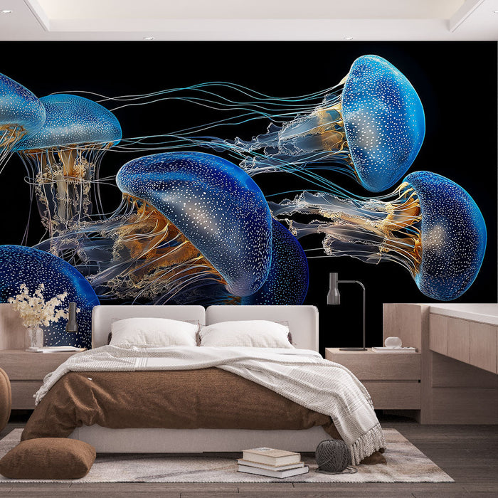 Tapetti meduusa | Tyylikäs sininen meduusa mustalla taustalla