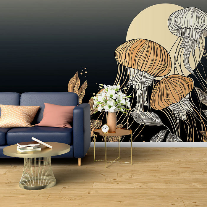 Fototapeet jellyfish | Elegantne meduus ja kuldlehed mustal taustal