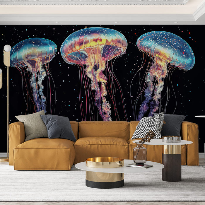 Foto Behang kwallen | Kleurrijke kwallen zwevend in de ruimte