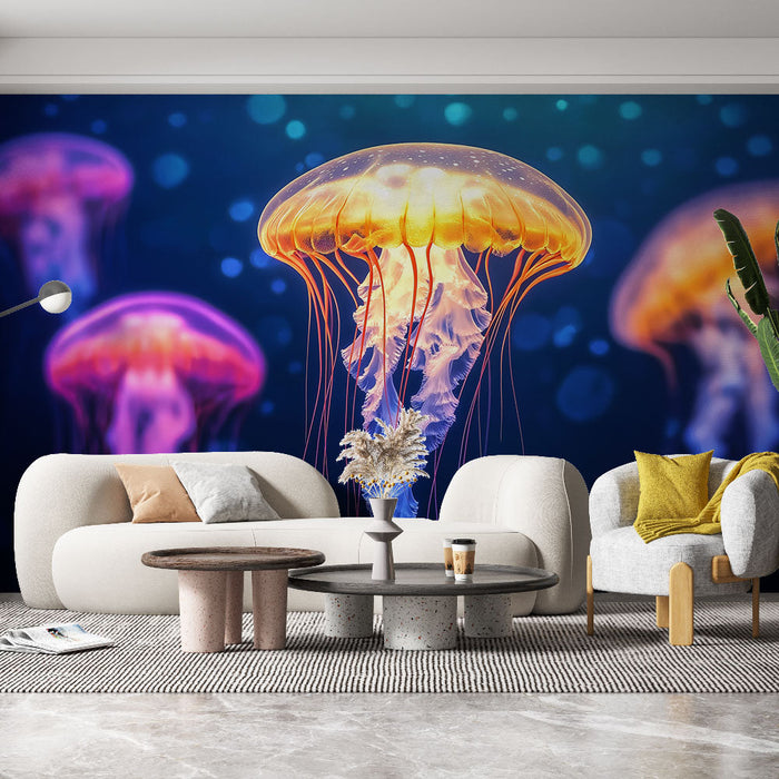 Carta da parati medusa | Meduse luminose su uno sfondo marino profondo