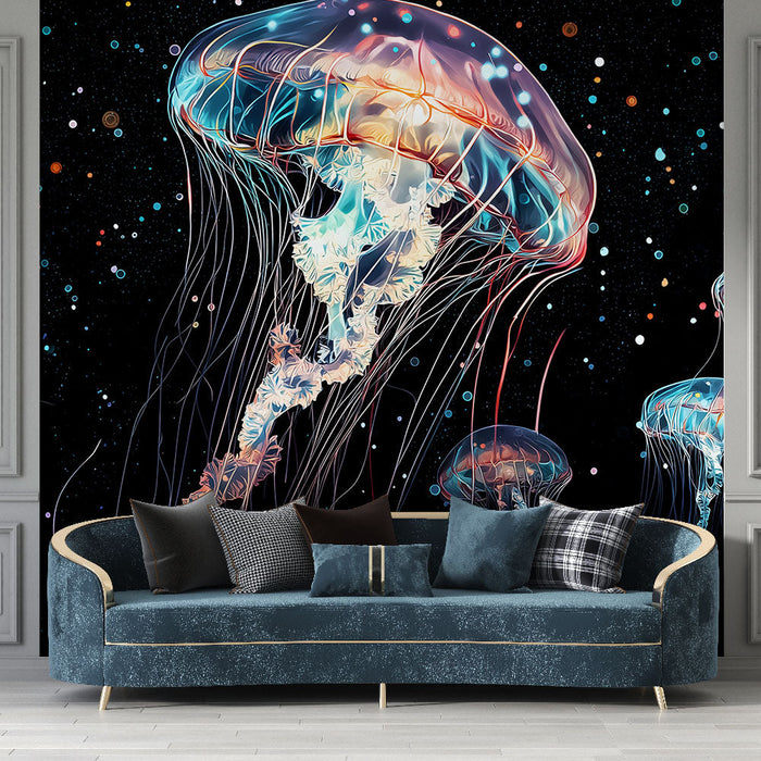 Ταπετσαρία μεδουσών | Φωτεινές μέδουσες σε μαύρο φόντο