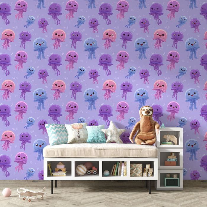 Carta da parati medusa | Motivo di medusa kawaii colorata su sfondo viola