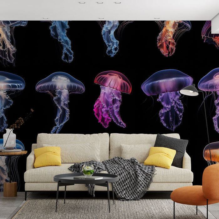 Tapeta jellyfish | Fascinující vzor barevných medúz na černém pozadí