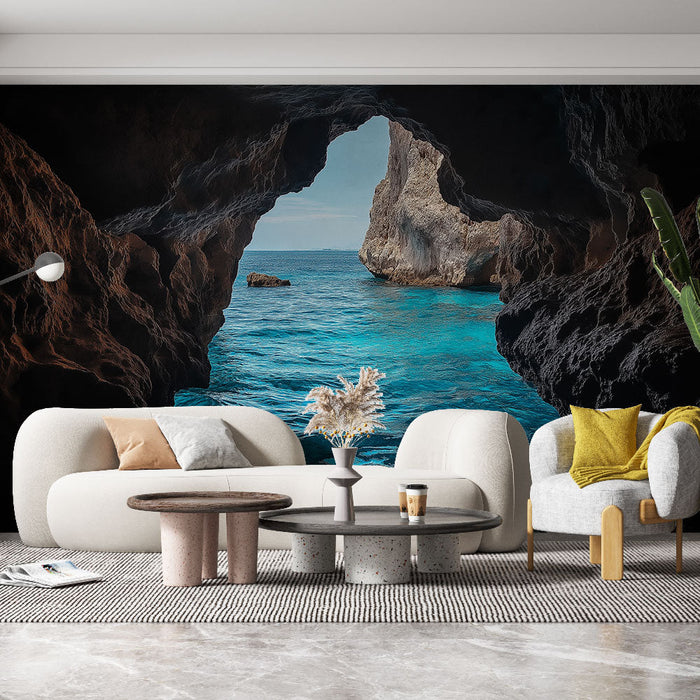 Tapetti turkoosi meri | Näkymä merelle kallioisen luolan läpi