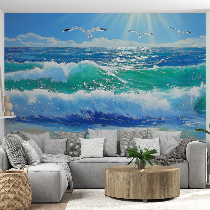 Carta da parati mare | Onde eleganti e gabbiani sotto un cielo soleggiato