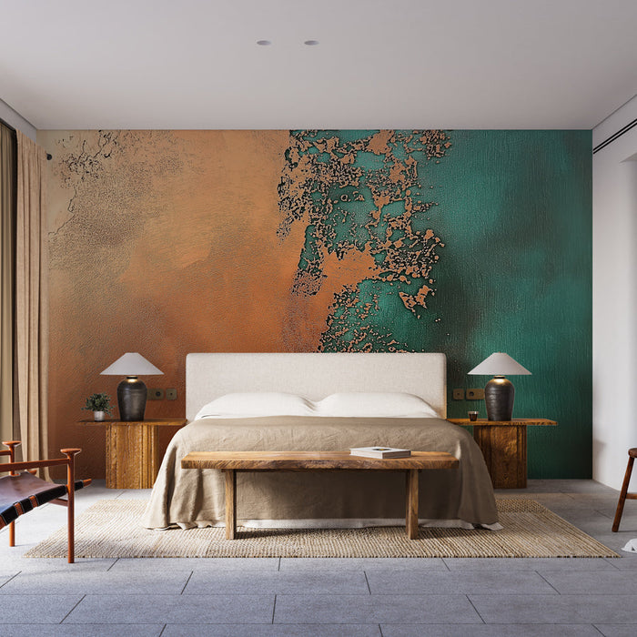 Ταπετσαρία τοίχου από μέταλλο και τυρκουάζ | Χάλκινο και τυρκουάζ αφηρημένο μοτίβο