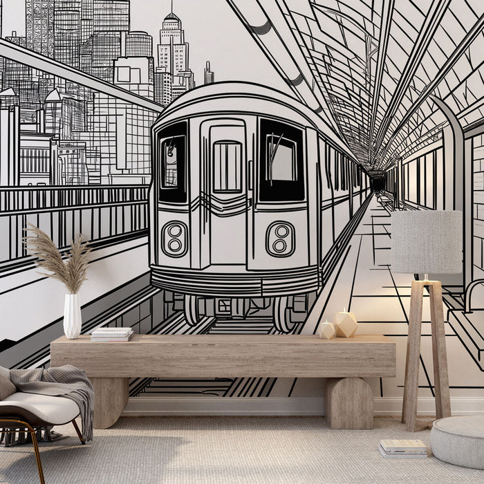Subway Mural Wallpaper | Lineaarinen kuvitus modernista metroasemasta
