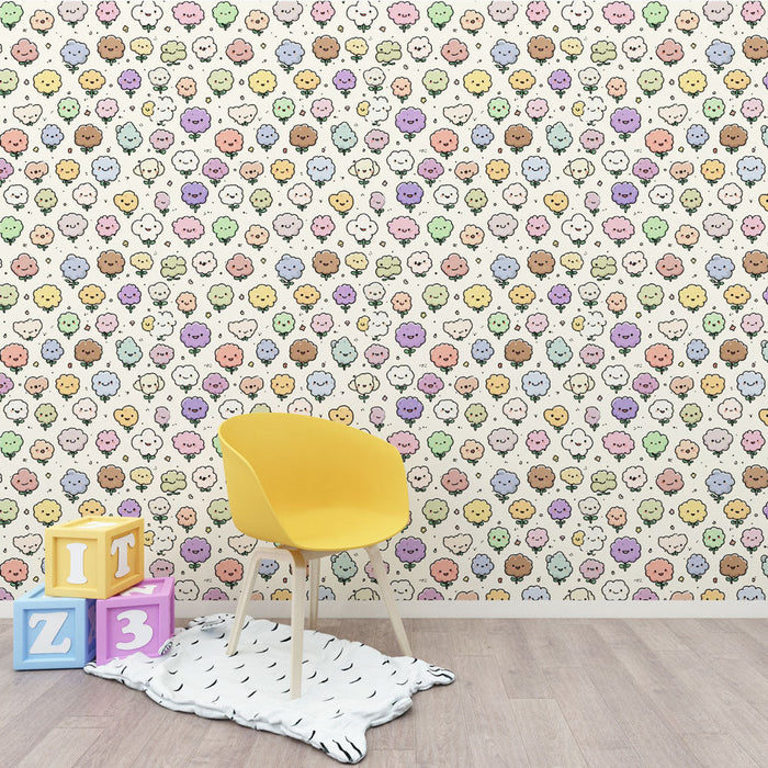 Foto Behang schattig en kleurrijk | Speelse patronen van lachende gezichten en wolken