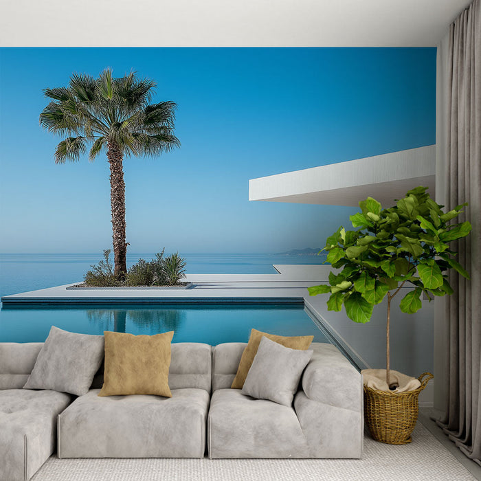 Tapet modern de pe litoral | Design minimalist cu vedere la mare și palmieri