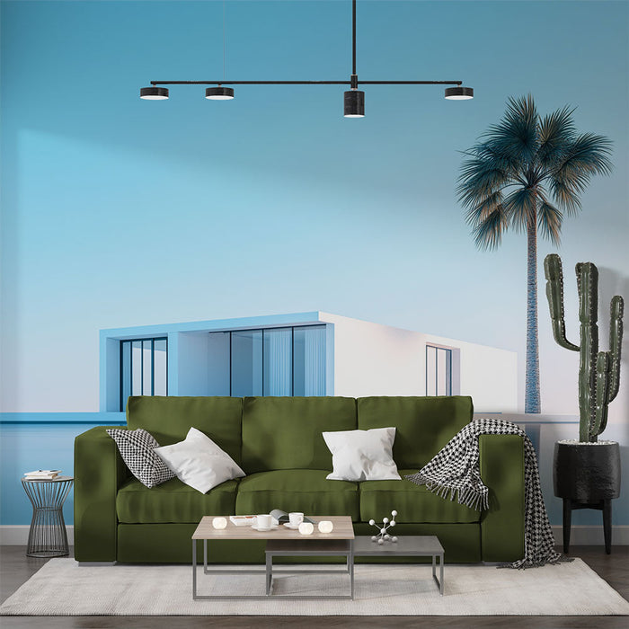 Fototapet moderne hiše | Minimalistična hiša ob vodi pod modrim nebom