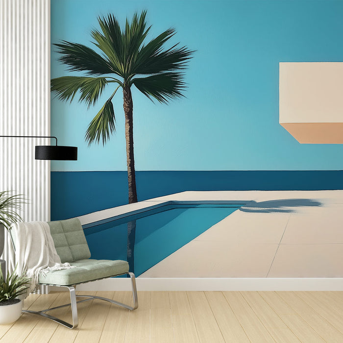 Fototapet moderne svømmebasseng | Minimalistisk design med havutsikt og palmer