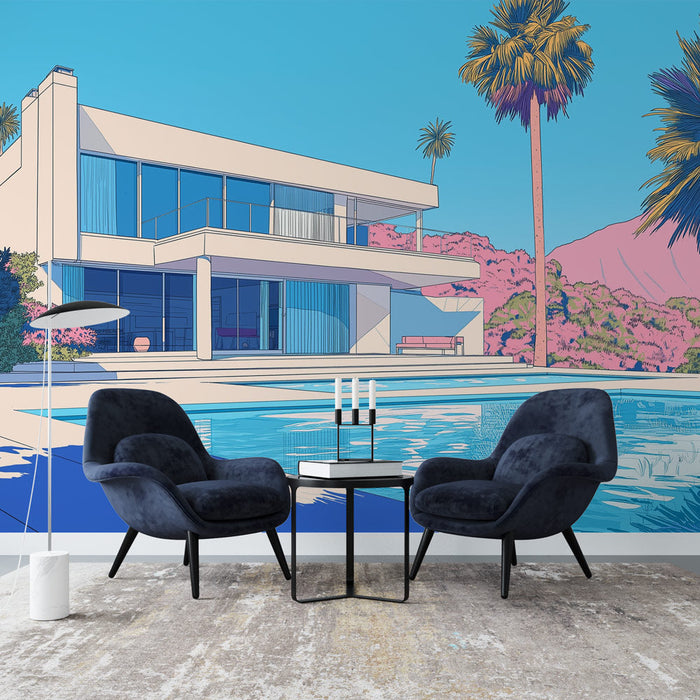 Tapeta nowoczesna willa | Stylizowana ilustracja willi z basenem i palmami