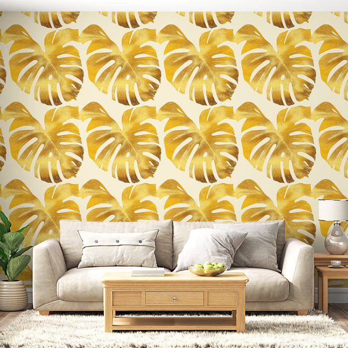 Tapeta monstera dore | Złote liście monstery na kremowym tle