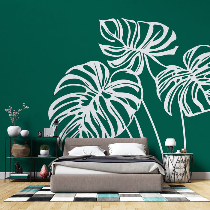 Papel de parede monstera | Folhas brancas de monstera em fundo verde esmeralda