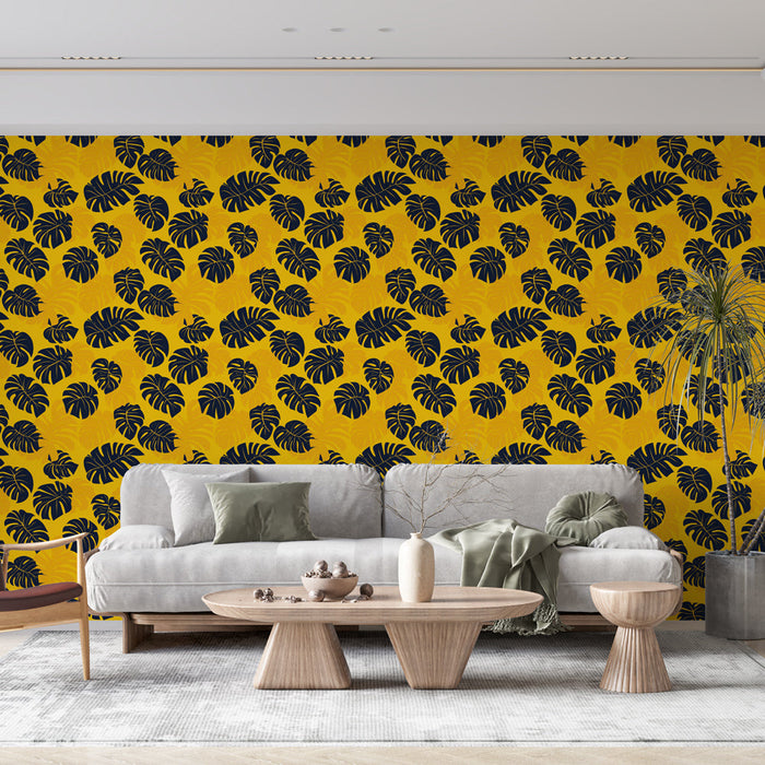 Papel de parede monstera | Folhas de monstera pretas em um fundo amarelo brilhante