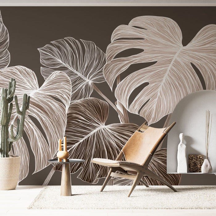 Tapeta monstera | Stylizované listy monstery na hnědém pozadí