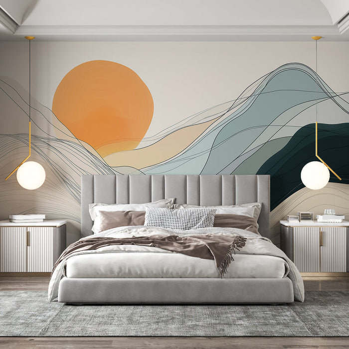 Mural Wallpaper abstract mountain | Sun and fine pastel lines