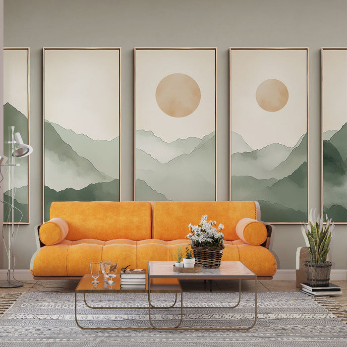 Tapet munte acuarelă | Peisaj liniștit cu munți și un soare blând