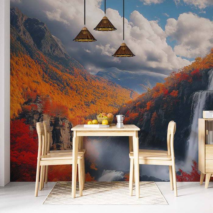 Mural Wallpaper autumn mountain | Waterfalls and blazing foliage