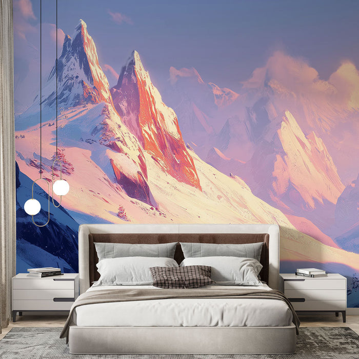 Tapetti luminen vuori | Upea maisema lumisista huipuista auringonlaskun aikaan