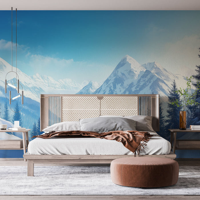 Nástěnná tapeta zasněžená hora | Uklidňující zimní krajina s jedlemi a majestátními horami