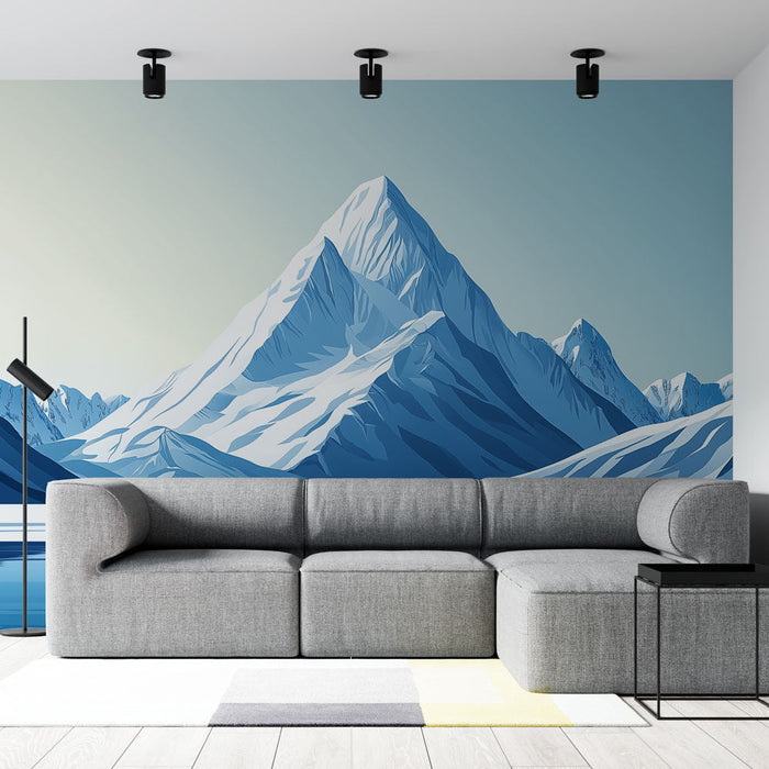 Фототапет снежна планина | Стилизирана картина на планини и замръзнало езеро