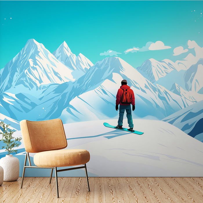 Ταπετσαρία χιονισμένο βουνό | Ένας σνόουμπορντερ που σκέφτεται ένα φωτεινό αλπικό τοπίο