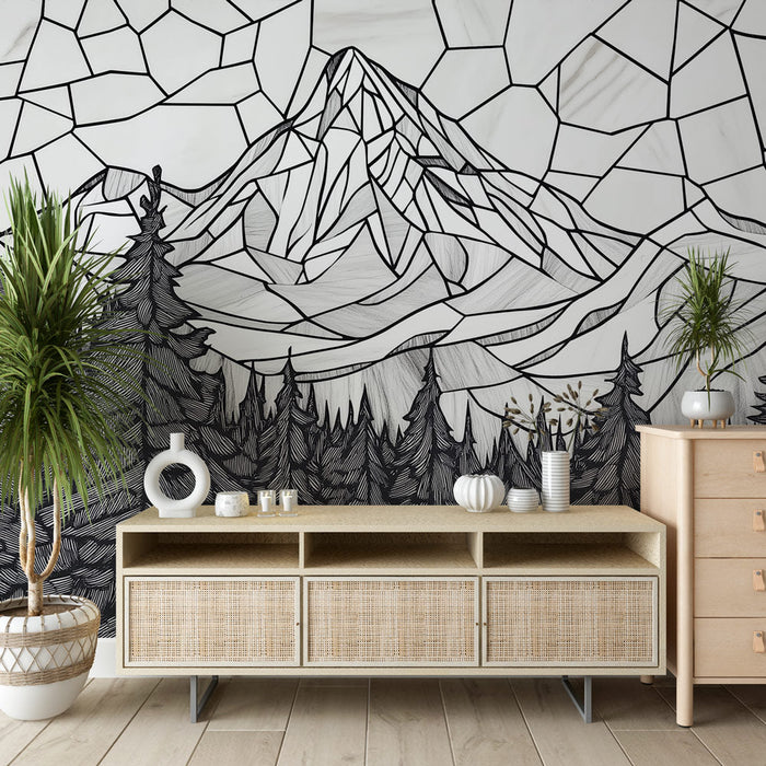 Mural Wallpaper mountain and forest | Geometric pattern in black and white