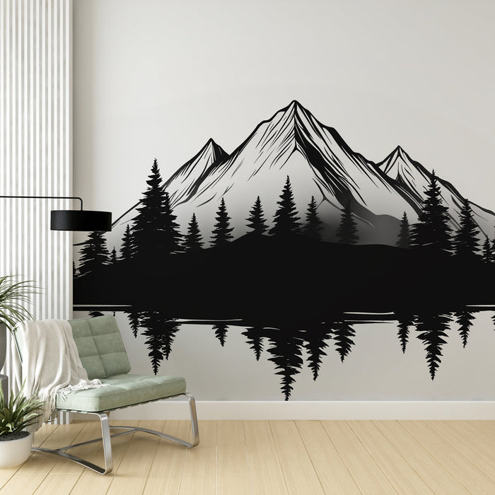 Fototapet bjerg og skov | Sorte træsiluetter og sneklædte tinder