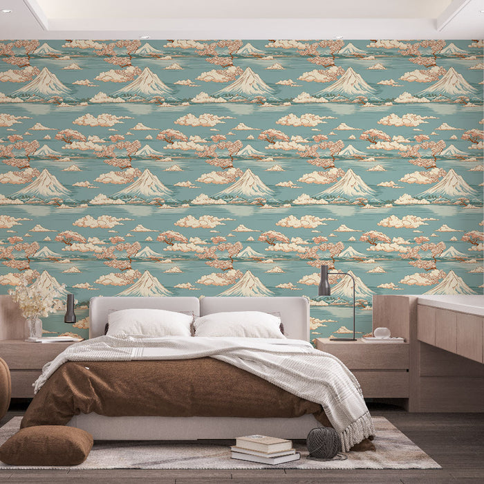 Tapetti vuorilla ja pilvillä | Vuoristomaisema kirsikkapuiden kanssa