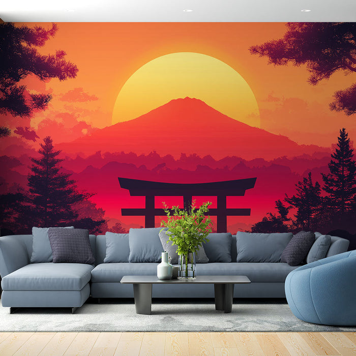 Tapeta górska i torii | Japoński pejzaż o zachodzie słońca