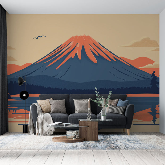Mountain Mural Wallpaper | Stylized illustration of a mountain with a lake and forest