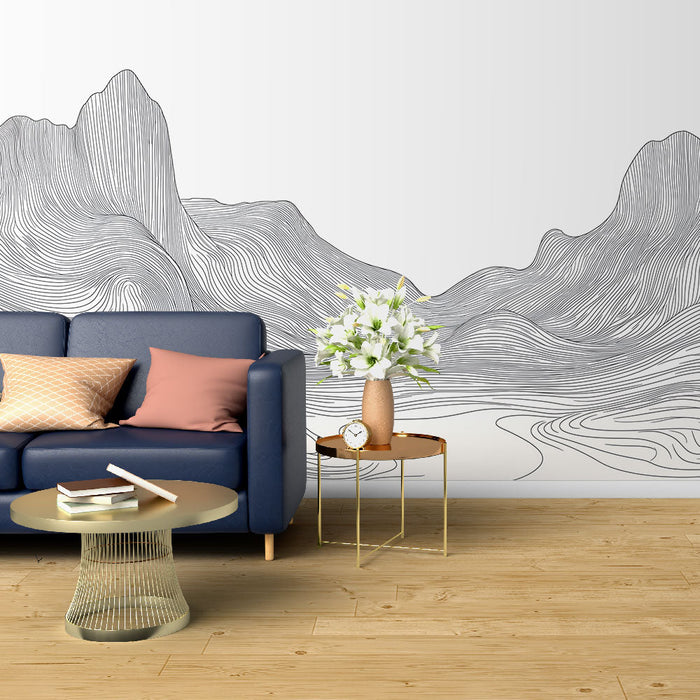 Mural Wallpaper mountain minimalist | Sinuous contours in black and white