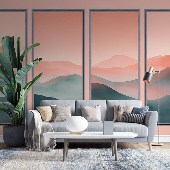 Mural Wallpaper pastel mountain | Soft landscape with pink and green hues