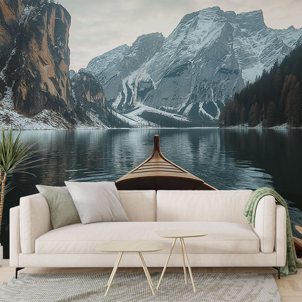 Carta da parati montagna | Paesaggio di montagne innevate e un lago tr —  WonderMural, image size:1000x1000