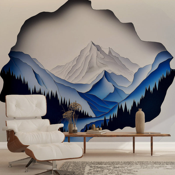 Tapeta górska | Pejzaż z głębokimi niebieskimi górami i lasami