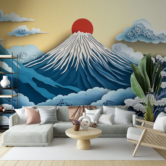 Tapete Berg | Stilisierte Landschaft von Bergen und aufgehender Sonne