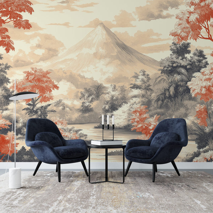 Ταπετσαρία τοίχου βουνό | Τροπικό τοπίο με δέντρα και ένα μεγαλοπρεπές βουνό