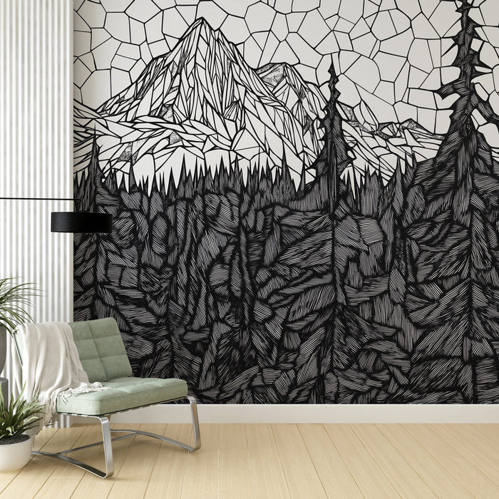 Nástěnná tapeta stylizovaná hora | Monochromatická krajina hor a lesů