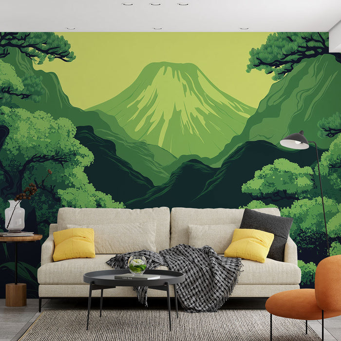 Tapetti vihreä vuori | Tyylitelty maisema vuoresta ja rehevästä kasvillisuudesta